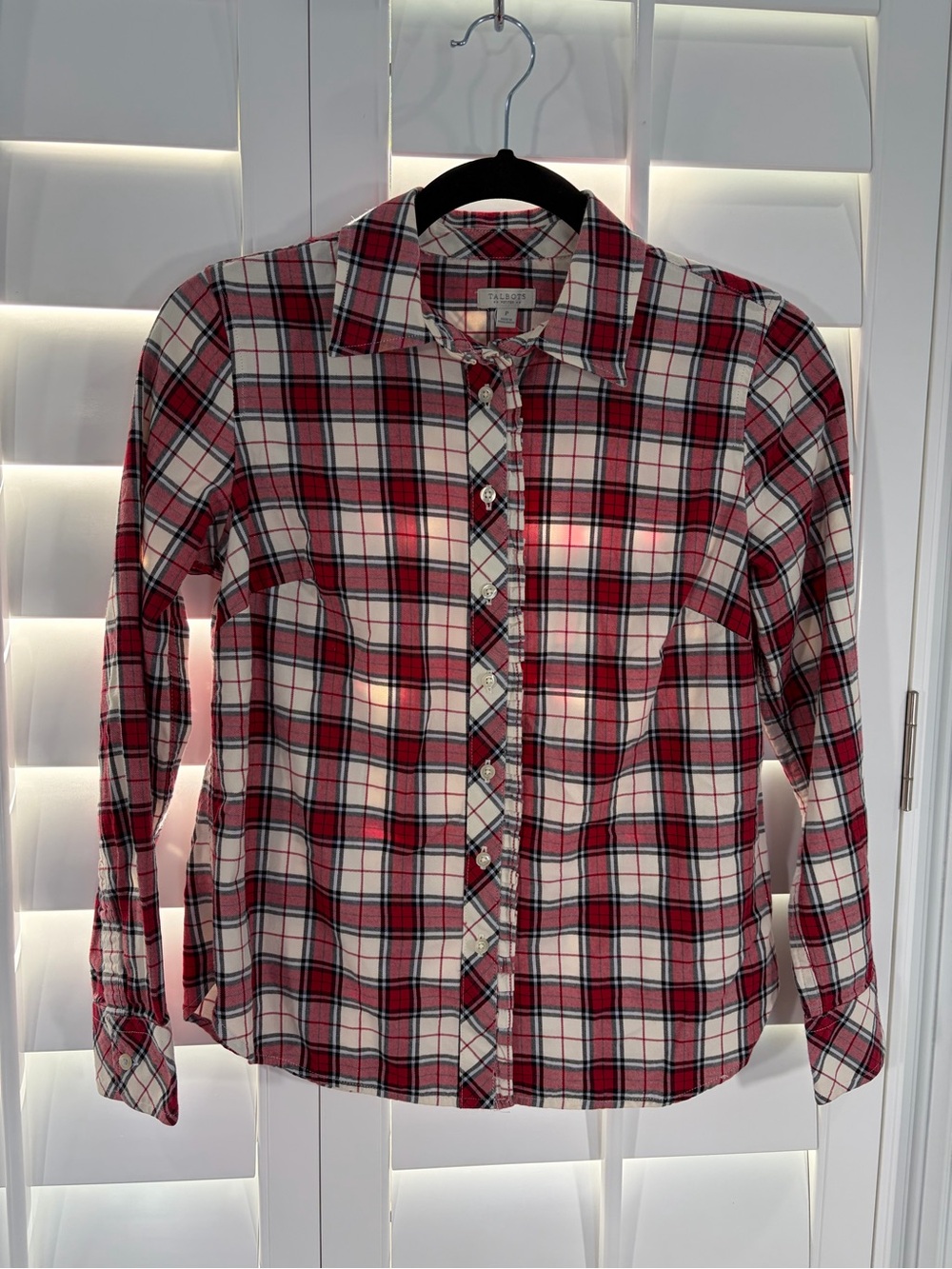 Talbots Red, White and Black Metallic Fleck Tartan Plaid Button-Down Shirt (P)
